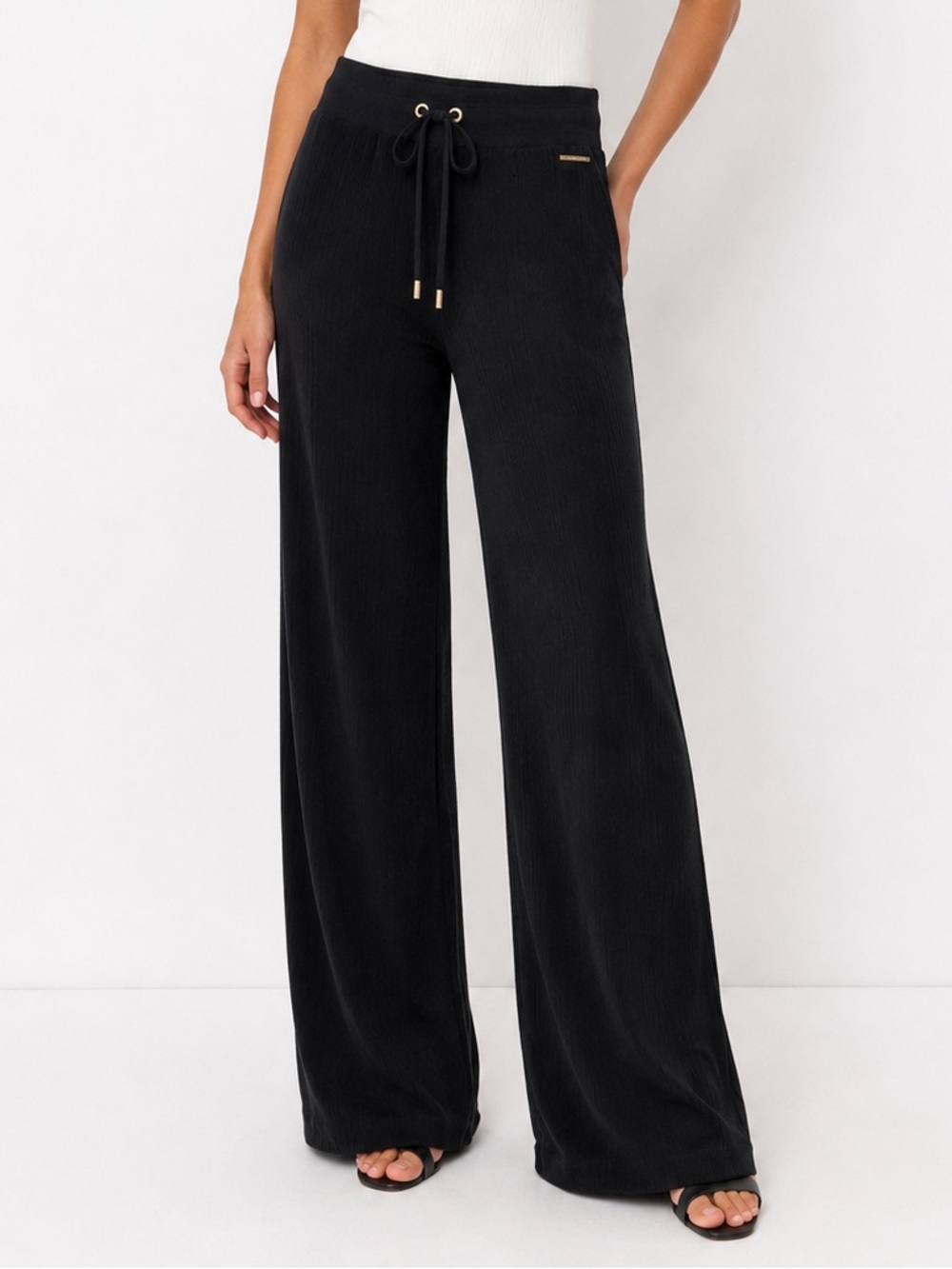 Halston Black Ribbed Wide Leg Velour Jogger Pull-On Pants Size M